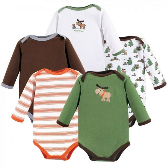 Luvable Friends Baby Boy Cotton Long-Sleeve Bodysuits 5pk, Moose, 9-12 Months