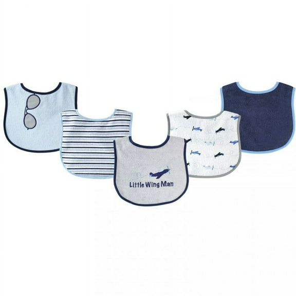 Luvable Friends Baby Boy Cotton Terry Drooler Bibs with PEVA Back 5pk, Airplane, One Size