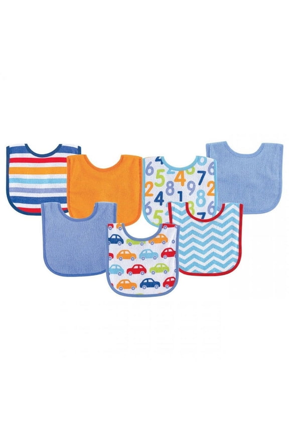 Baby Boy Cotton Terry Drooler Bibs with PEVA Back 7pk, Blue Car, One Size