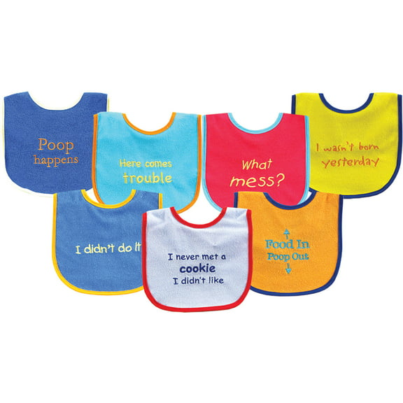 Luvable Friends Baby Boy Cotton Terry Drooler Bibs with PEVA Back 7pk, Blue Food, One Size
