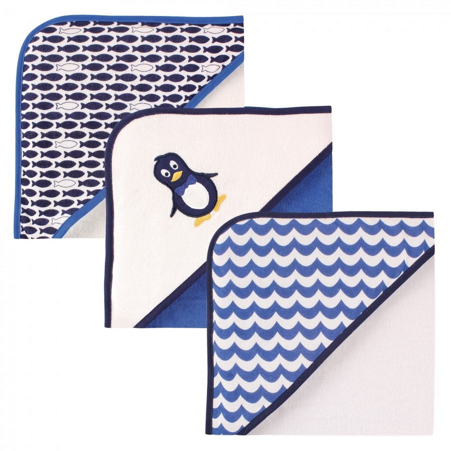 Mr Penguin Blue and White Cotton Polyester Hooded Baby Towels Set