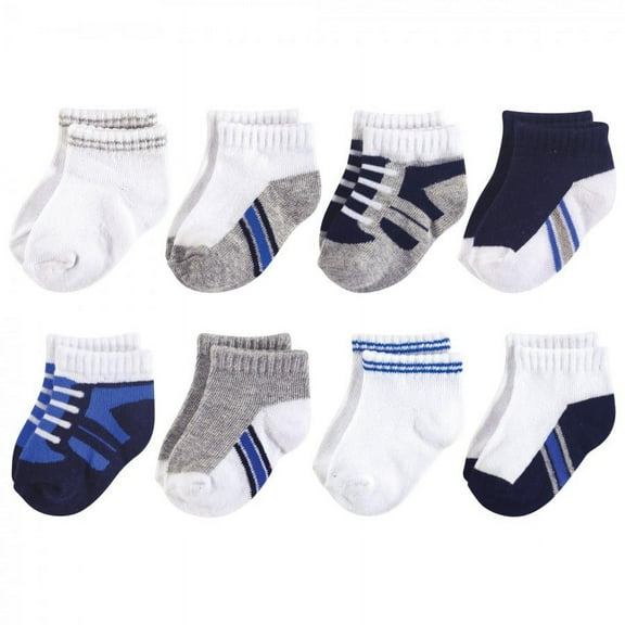 Luvable Friends Baby Boy Fun Essential Socks, Sneaker Blue Gray 8-Pack, 12-24 Months