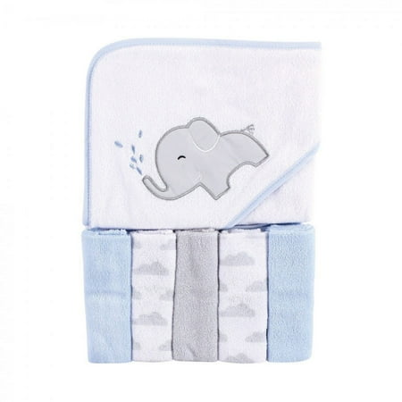 Luvable Friends Baby Boy Hooded Towel with Five Washcloths, Elephant Spray, One Size