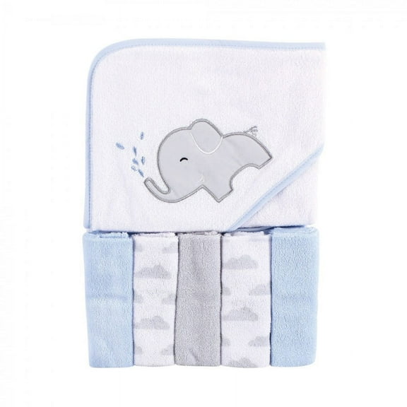 Luvable Friends Baby Boy Hooded Towel with Five Washcloths, Elephant Spray, One Size