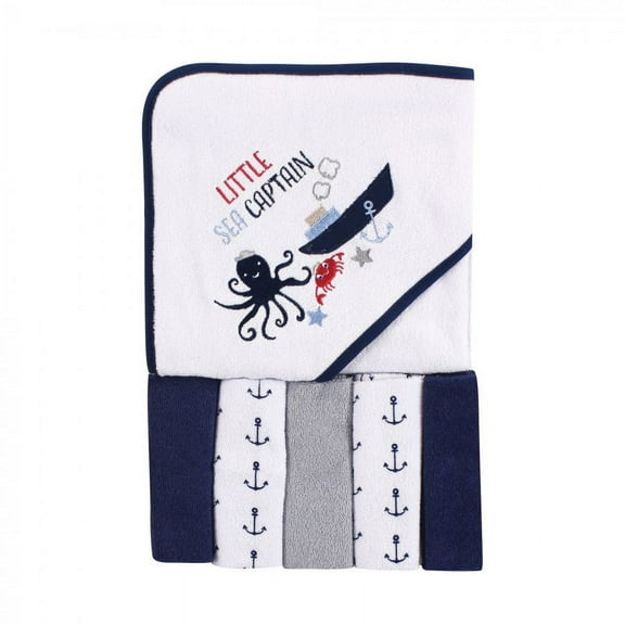 Luvable Friends Baby Boy Hooded Towel with Five Washcloths, Sea Captain, One Size