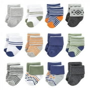 LUVABLE FRIENDS Baby Boy Newborn and Baby Terry Socks, Orange Blue Aztec 12-Pack, 6-12 Months