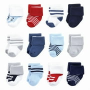 LUVABLE FRIENDS Baby Boy Newborn and Baby Terry Socks, Red Navy Sneakers 12-Pack, 0-6 Months