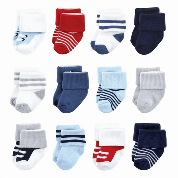 Luvable Friends Baby Boy Newborn and Baby Terry Socks, Red Navy Sneakers 12-Pack, 0-6 Months