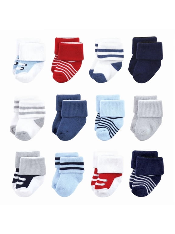 Baby Boy Newborn and Baby Terry Socks, Red Navy Sneakers 12-Pack, 0-6 Months