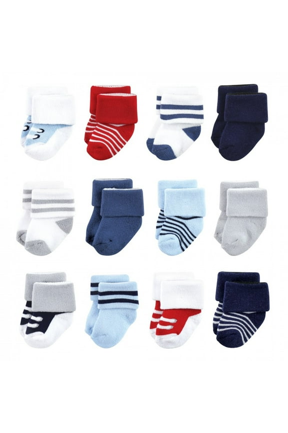 Baby Boy Newborn and Baby Terry Socks, Red Navy Sneakers 12-Pack, 6-12 Months