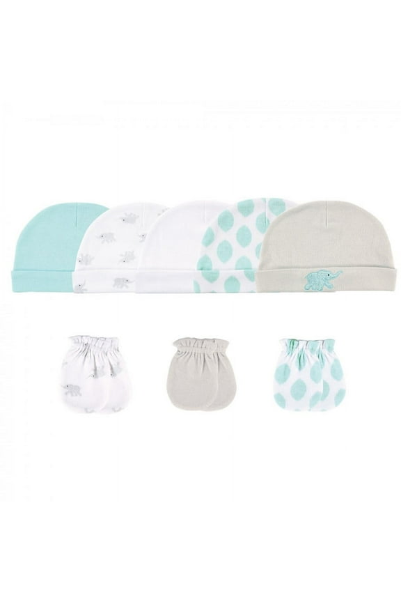 Baby Cotton Caps and Scratch Mittens 8pk, Elephant, 0-6 Months