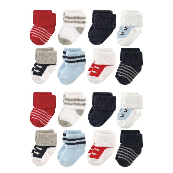 Luvable Friends Baby Cotton Rich Terry Socks 16-Pack, Red Navy Sneakers, 6-12 Months
