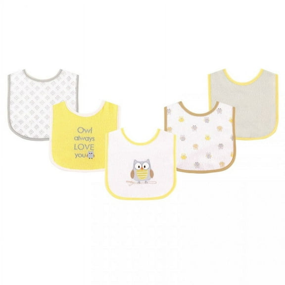 Luvable Friends Baby Cotton Terry Drooler Bibs with PEVA Back 5pk, Owl, One Size