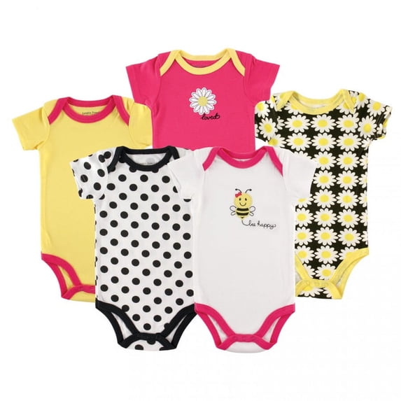 Luvable Friends Baby Girl Cotton Bodysuits 5pk, Bee, 12-18 Months
