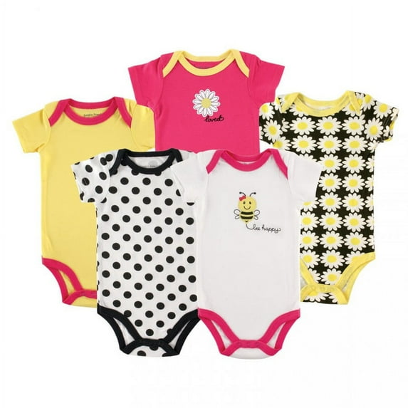 Luvable Friends Baby Girl Cotton Bodysuits 5pk, Bee, 9-12 Months