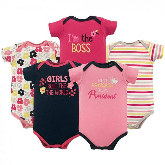 Luvable Friends Baby Girl Cotton Bodysuits 5pk, Girls Rule, 0-3 Months