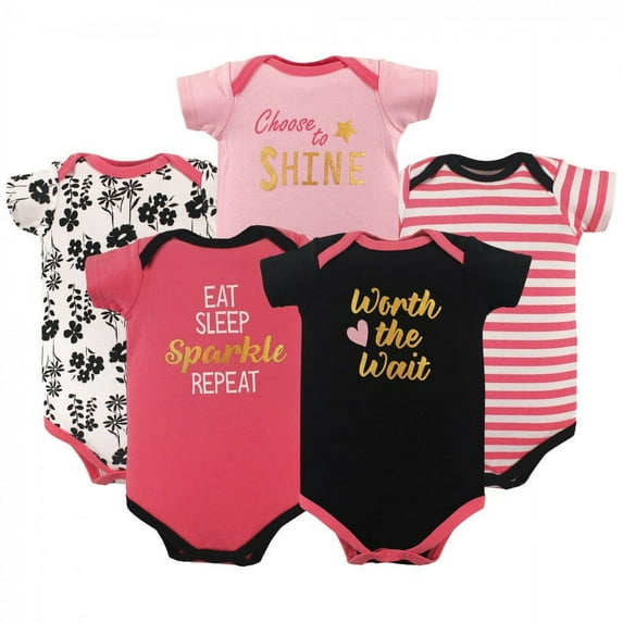 Luvable Friends Baby Girl Cotton Bodysuits 5pk, Sparkle, 6-9 Months