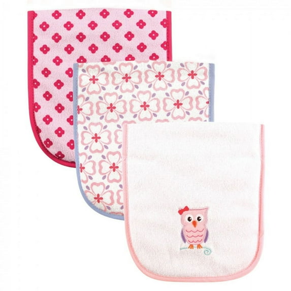 Luvable Friends Baby Girl Cotton Burp Cloths with Fiber Filling 3pk, Owl, One Size