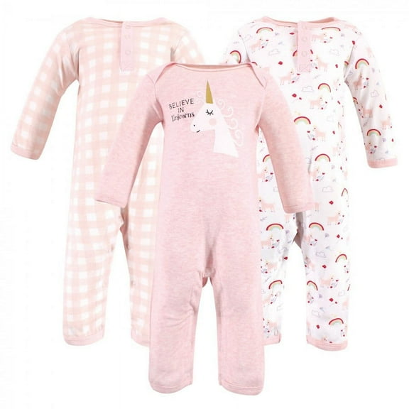 Luvable Friends Baby Girl Cotton Coveralls 3pk, Unicorn, 3-6 Months