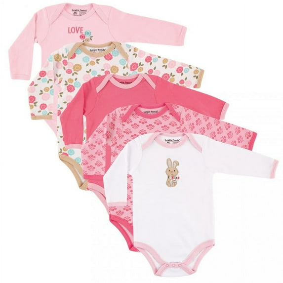 Luvable Friends Baby Girl Cotton Long-Sleeve Bodysuits 5pk, Bunny, 3-6 Months
