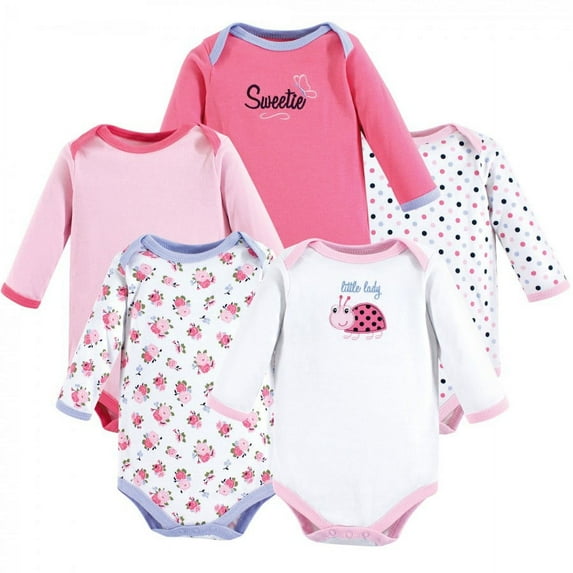 Luvable Friends Baby Girl Cotton Long-Sleeve Bodysuits 5pk, Little Lady, 9-12 Months