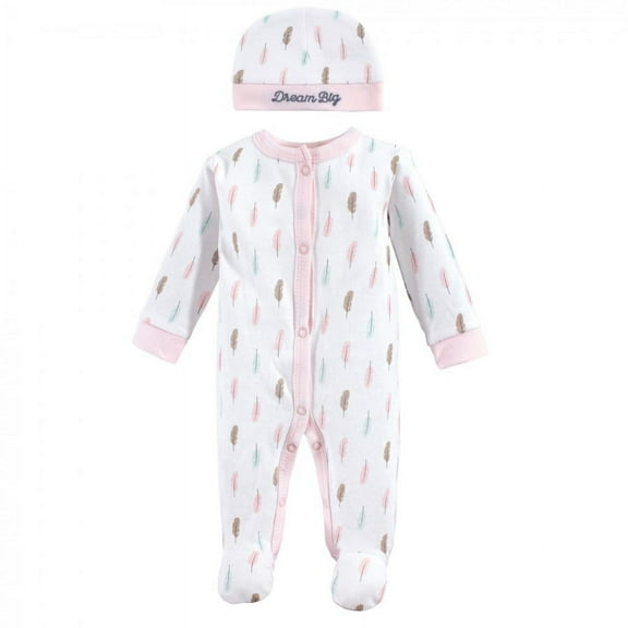 Luvable Friends Baby Girl Cotton Preemie Snap Sleep and Play and Cap 2pc Set, Feathers, Preemie