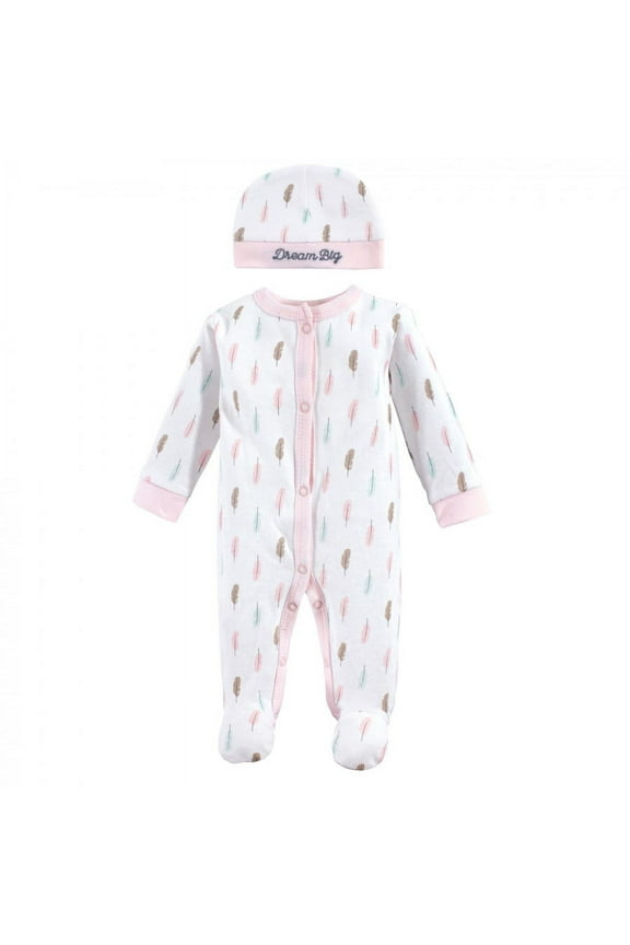 Baby Girl Cotton Preemie Snap Sleep and Play and Cap 2pc Set, Feathers, Preemie