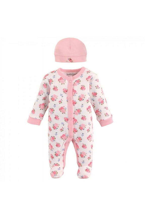 Baby Girl Cotton Preemie Snap Sleep and Play and Cap 2pc Set, Floral, Preemie