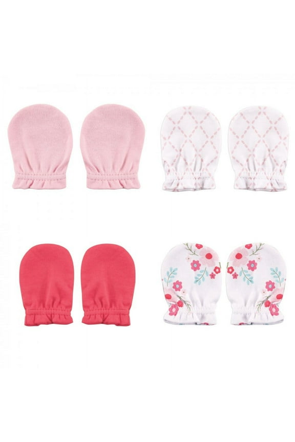 Baby Girl Cotton Scratch Mittens 4pk, Floral, One Size