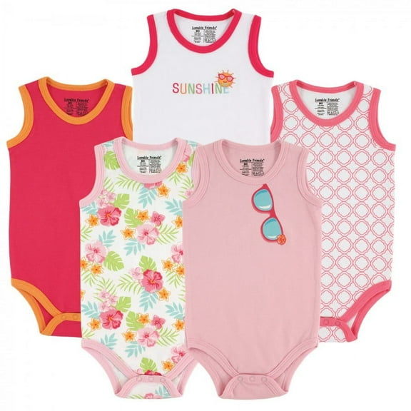 Luvable Friends Baby Girl Cotton Sleeveless Bodysuits 5pk, Girl Sunglasses, 6-9 Months