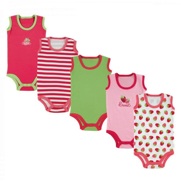 Luvable Friends Baby Girl Cotton Sleeveless Bodysuits 5pk, Pink Strawberry, 6-9 Months