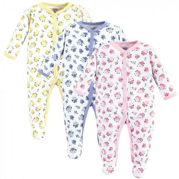 Luvable Friends Baby Girl Cotton Snap Sleep and Play 3pk, Floral, 3-6 Months