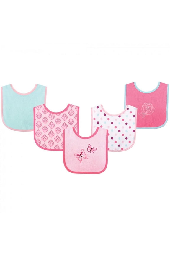 Baby Girl Cotton Terry Drooler Bibs with PEVA Back 5pk, Butterfly, One Size