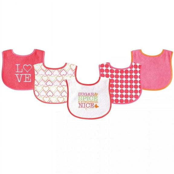 Luvable Friends Baby Girl Cotton Terry Drooler Bibs with PEVA Back 5pk, Sugar, One Size