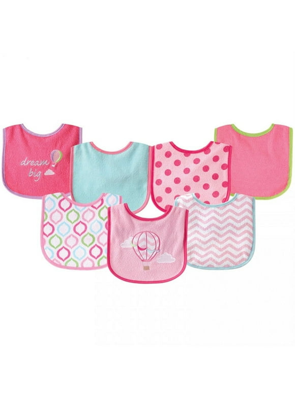 Luvable Friends Baby Girl Cotton Terry Drooler Bibs with PEVA Back 7pk, Pink Balloon, One Size