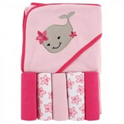 Luvable Friends Baby Girl Hooded Towel with Five Washcloths, Girly Whale, One Size