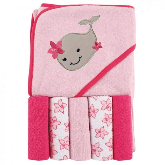Luvable Friends Baby Girl Hooded Towel with Five Washcloths, Girly Whale, One Size