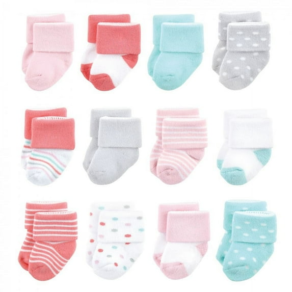 Luvable Friends Baby Girl Newborn and Baby Terry Socks, Coral Dots 12-Pack, 6-12 Months
