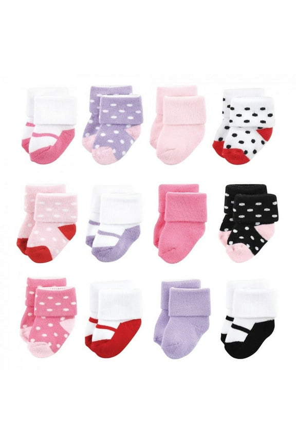 Baby Girl Newborn and Baby Terry Socks, Coral Lilac Mary Janes 12-Pack, 0-6 Months