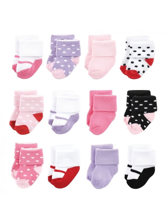 Baby Girl Newborn and Baby Terry Socks, Coral Lilac Mary Janes 12-Pack, 6-12 Months
