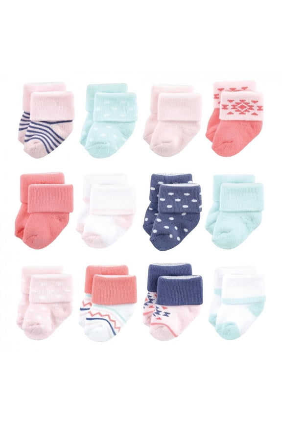 Baby Girl Newborn and Baby Terry Socks, Coral Mint Aztec 12-Pack, 6-12 Months