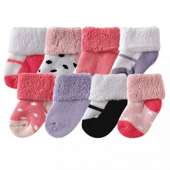 Luvable Friends Baby Girl Newborn and Baby Terry Socks, Pink Black, 6-12 Months