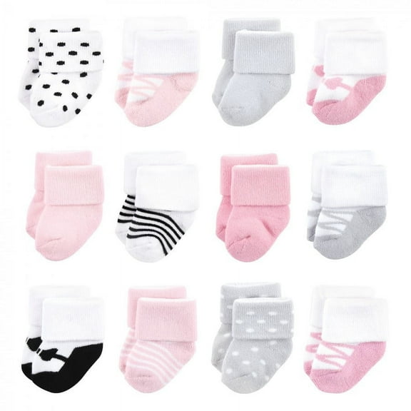 Luvable Friends Baby Girl Newborn and Baby Terry Socks, Pink Black Ballet 12-Pack, 0-6 Months