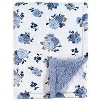 Luvable Friends Baby Girl Plush Blanket with Faux Shearling Back, Blue Floral, One Size