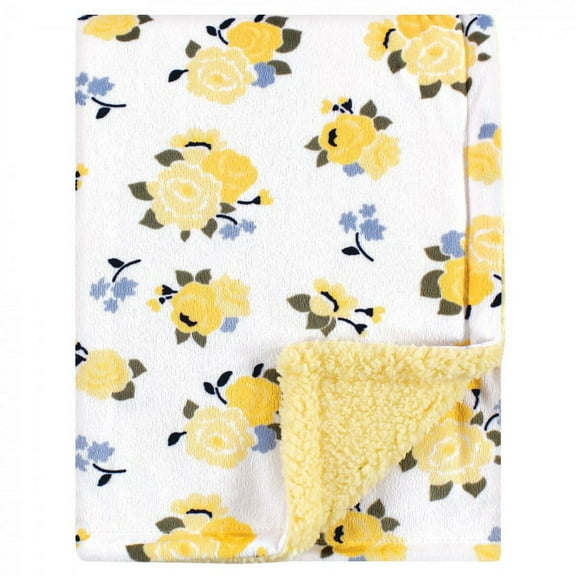 Luvable Friends Baby Girl Plush Blanket with Faux Shearling Back, Yellow Floral, One Size