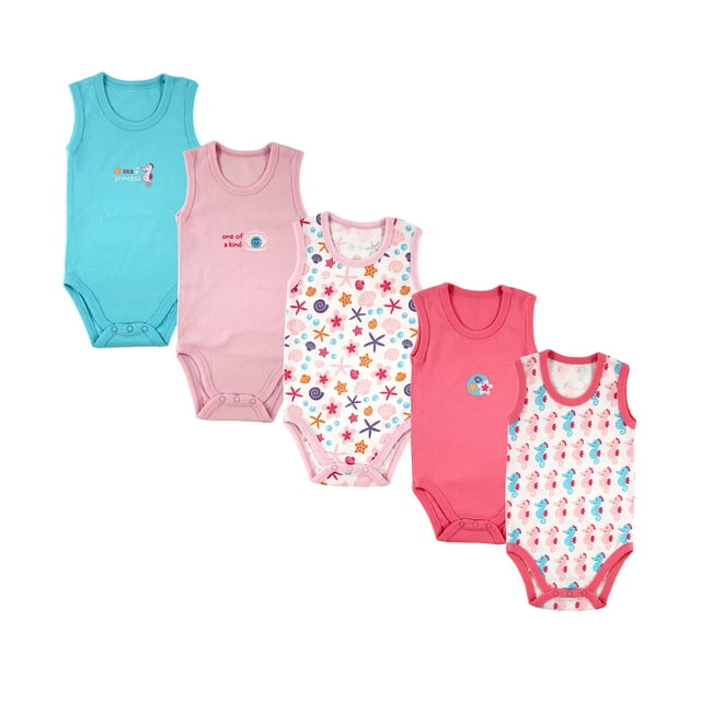 Luvable Friends Baby Girl Sleeveless Bodysuits, 5pack