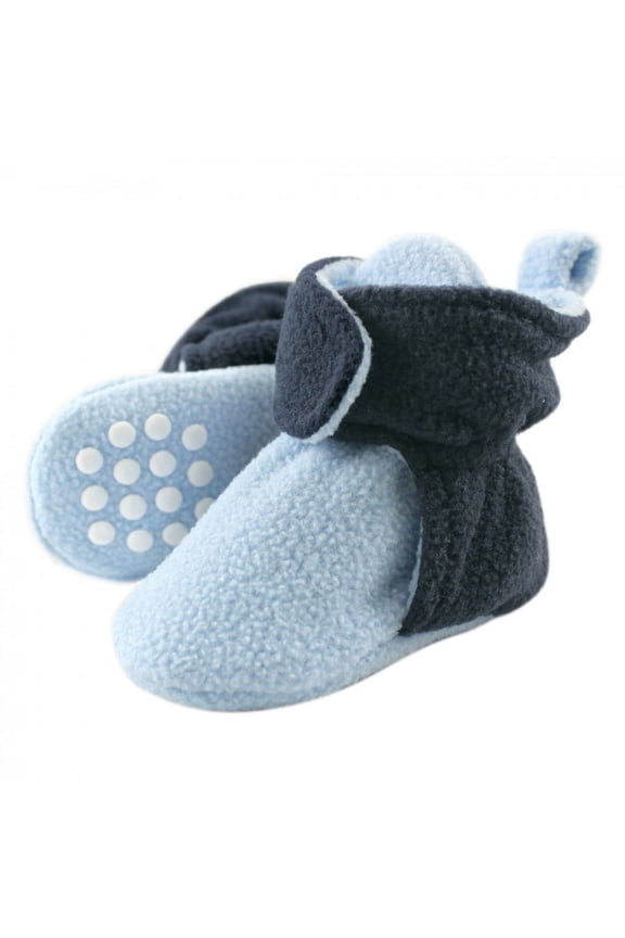 Baby and Toddler Boy Cozy Fleece Booties, Light Blue Navy, 12-18 Months