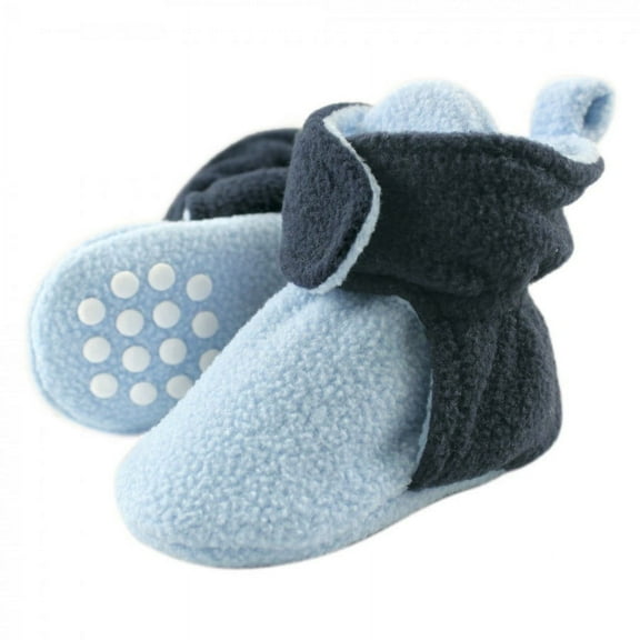 Luvable Friends Baby and Toddler Boy Cozy Fleece Booties, Light Blue Navy, 3 Toddler