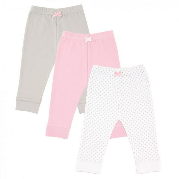 Luvable Friends Baby and Toddler Girl Cotton Pants 3pk, Gray Dot, 0-3 Months