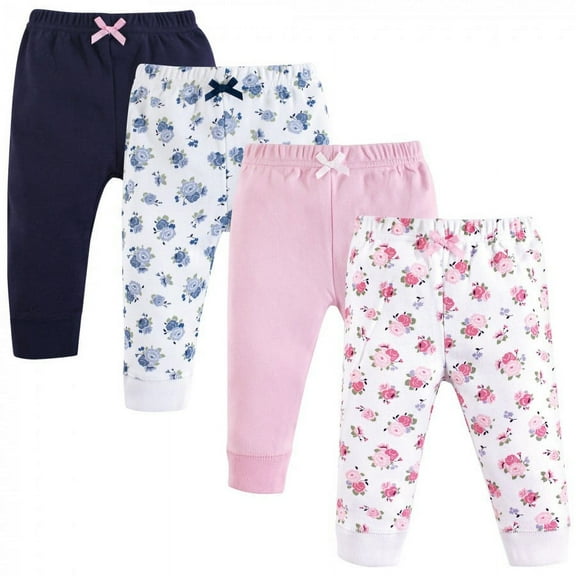 Luvable Friends Baby and Toddler Girl Cotton Pants 4pk, Floral, 0-3 Months